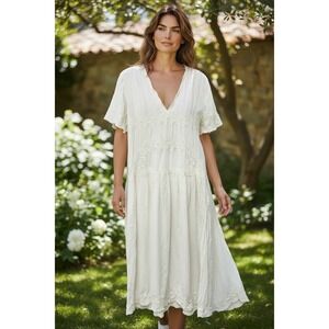 Mes Demoiselles Paris Reveuse Ivory White Cotton Embroidered Midi Dress Size 44